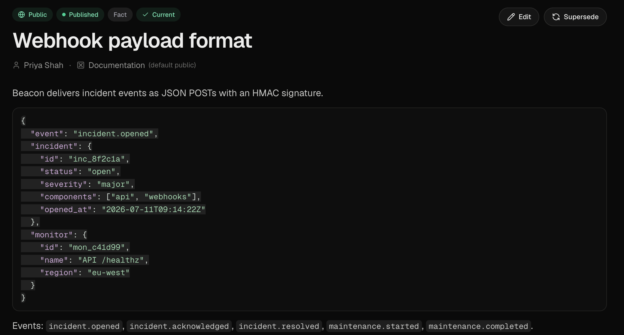 A published memory documenting a webhook payload format, with syntax-highlighted JSON and an event list.