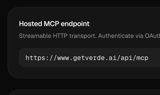 The workspace connection panel showing the hosted MCP endpoint URL and OAuth-authenticated streamable HTTP transport.