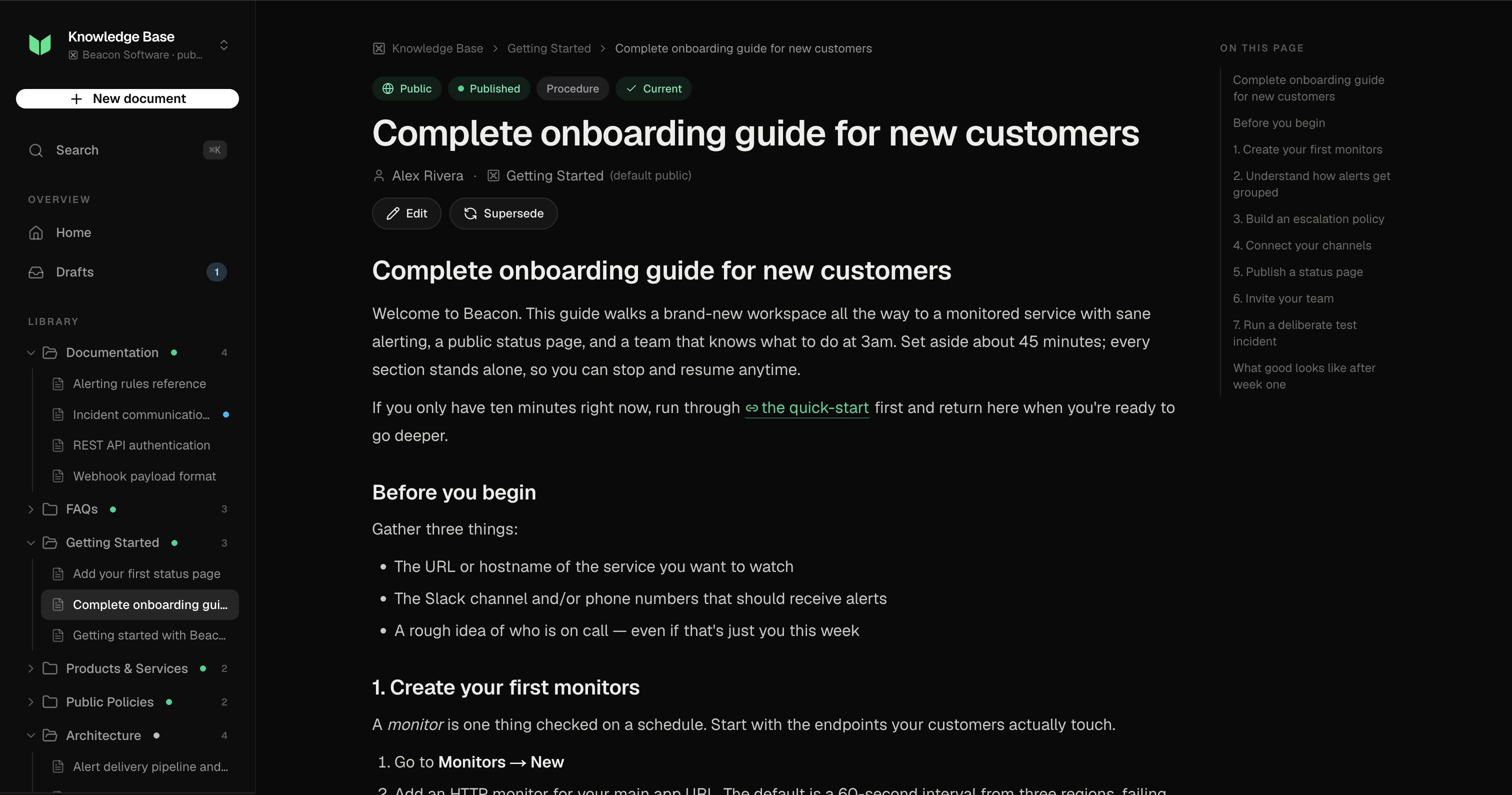 Verde showing a published onboarding guide alongside the workspace library, with scope, status, and type clearly labeled.